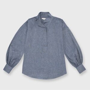 Ann Mashburn Anaya Linen Blend Popover Shirt Small Indigo Cotolino Chambray Blue